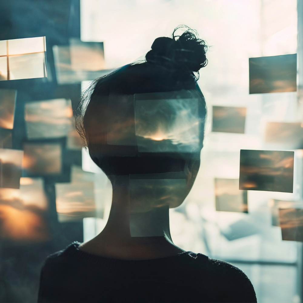 Person with hair in bun surrounded by overlapping translucent images.