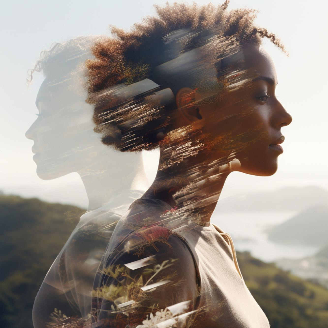 Person with natural hairstyle, wearing a sleeveless top, double exposure with nature scene.