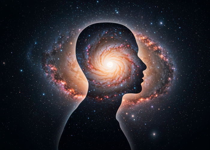Silhouette of human head with swirling galaxy inside against starry background.